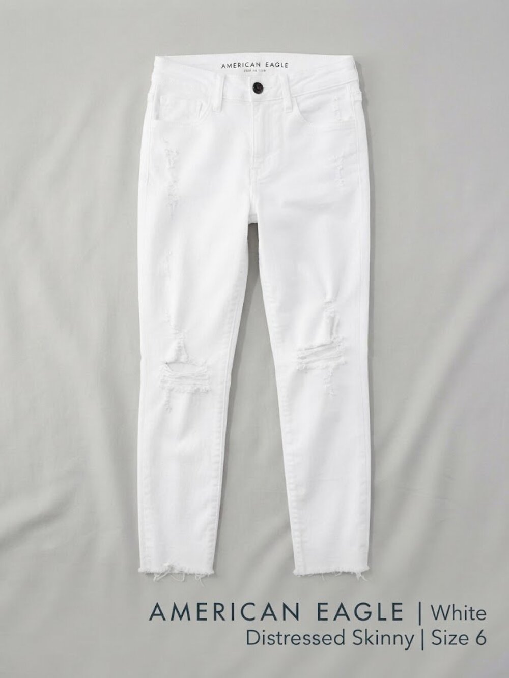 AE American Eagle White Distressed Ripped Skinny Jeans Raw Hem Size 6 Regular